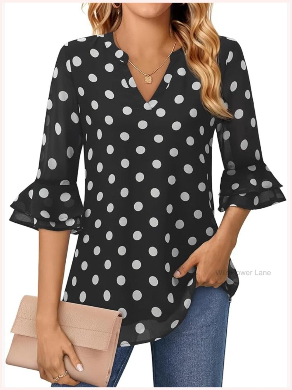 Flutter 3/4 Sleeve Chiffon Blouse Double Layer Business Work Tunic